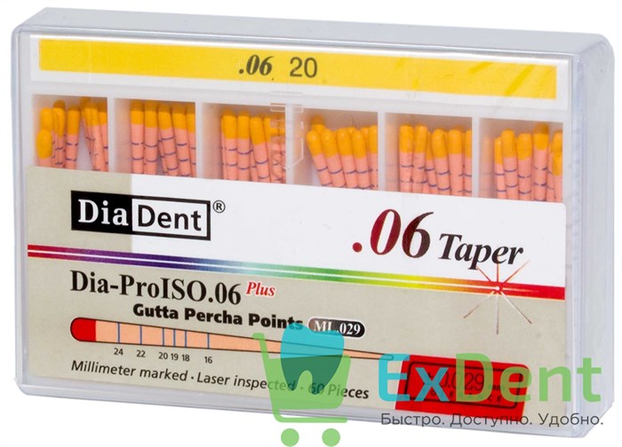 Гуттаперчевые штифты 06 №20 DiaDent для пломбирования корневых каналов (60 шт) 14240 - фото 33676