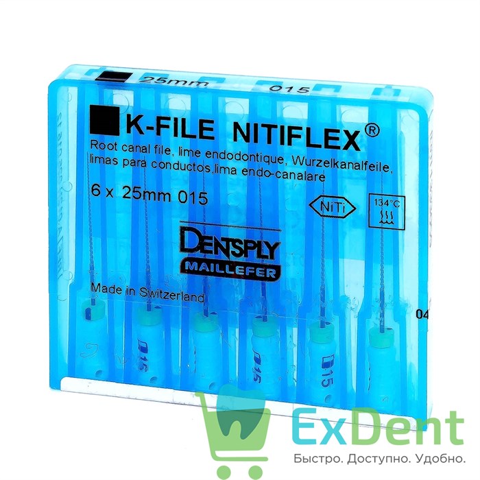 K-file Nitiflex №15, 25 мм, Dentply, никель-титан, ручной, для препарирования канала (6 шт) - фото 7507