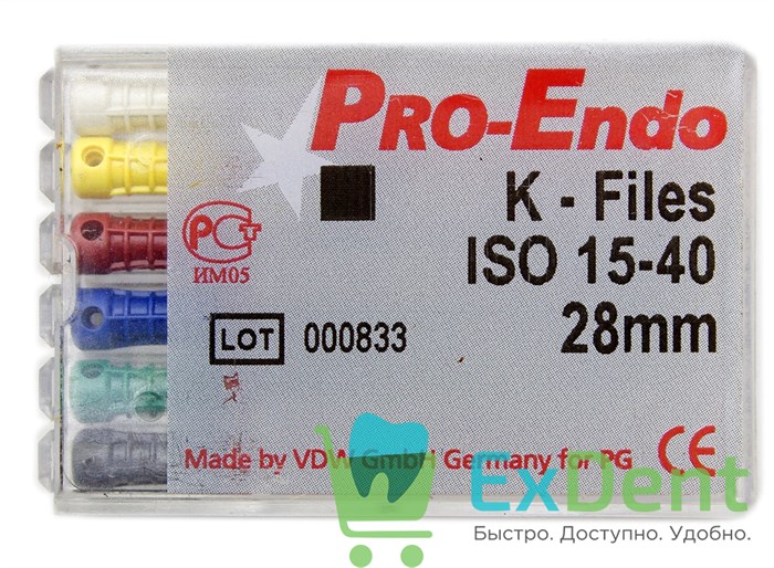 K-Files №15-40, 28 мм, Pro-Endo, для препарирования канала, нержавеющая сталь (6 шт) - фото 9830