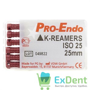 K-Reamers №25, 25 мм, Pro-Endo, для препарирования канала, нержавеющая сталь (6 шт)