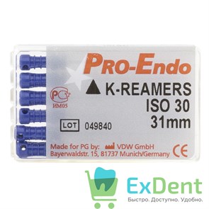 K-Reamers №30, 31 мм, Pro-Endo, для препарирования канала, нержавеющая сталь (6 шт)