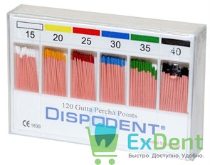 Гуттаперчевые штифты 02 №15-40 Dispodent - для пломбирования корневых каналов (120 шт)