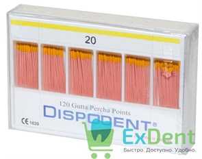 Гуттаперчевые штифты 02 №20 Dispodent - для пломбирования корневых каналов (120 шт)