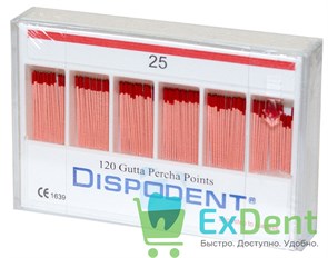 Гуттаперчевые штифты 02 №25 Dispodent - для пломбирования корневых каналов (120 шт)