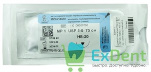 Шовный материал Монофил USP 5/0, metric 1, HS-20 режущая, 75 см - нити хирургические с иглами