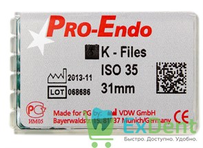 K-Files №35, 31 мм, Pro-Endo, для препарирования канала, нержавеющая сталь (6 шт)