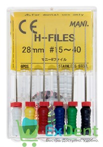 H-Files №15-40, 28 мм, MANI, корневой бурав, ручной (6 шт)